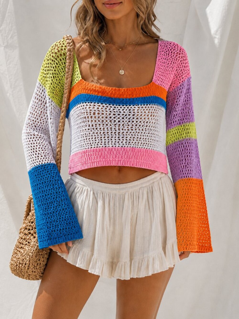 Cotton Crochet Color-Block Top Womens M Hippie Festival Boho Y2K Retro